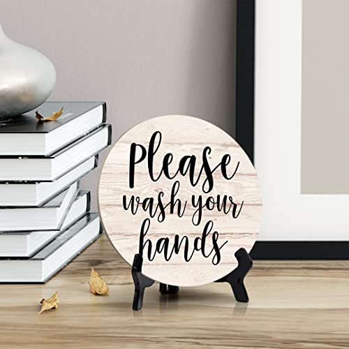 Round Please Wash Your Hands, Light Wood Color Bathroom Table Sign with Acrylic Easel