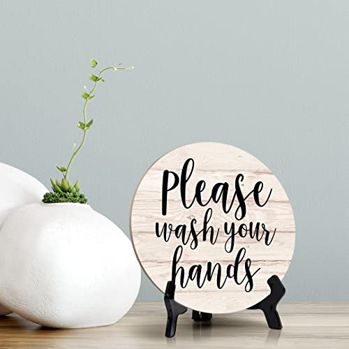 Round Please Wash Your Hands, Light Wood Color Bathroom Table Sign with Acrylic Easel