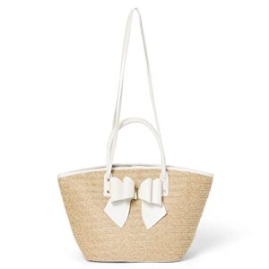 like dreams women fashion hand-woven straw tote bag vegan leather bowtie polka inner structured summer beach handbag (white)
