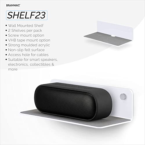 BRAINWAVZ 2-Pack 9” Floating Shelf Bluetooth Speaker Stand, Adhesive & Screw Wall Mount, Anti Slip, for Cameras, Baby Monitors, Webcam, Router, Wide Universal Holder Shelves (SHELF23 White)