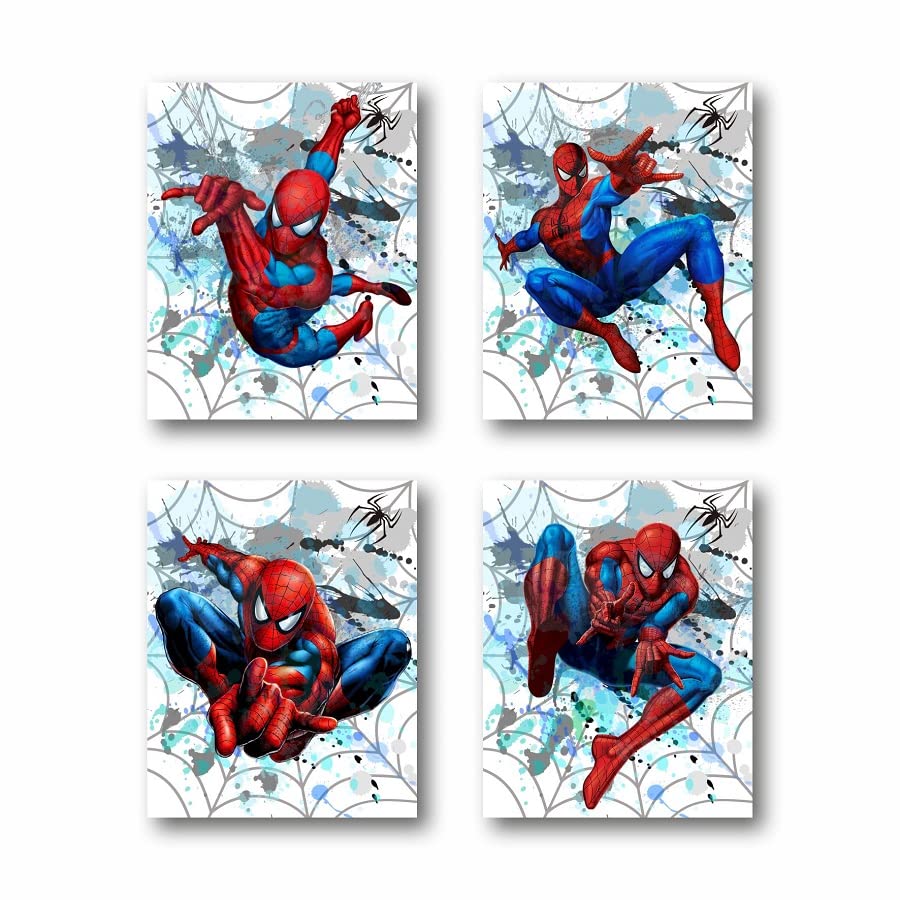 PurpleheARTs | Spiderman Watercolor Wall Art Poster Prints Set of 4 UNFRAMED ( 8'' x 10'' ) Posters for Boys Room Decor, Avengers poster, Superheroes Art, room, Multicolor, 8''x10''