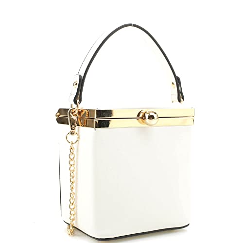 Small Medium Top Handle Square Frame Clutch Purse Crossbody Bag (White)