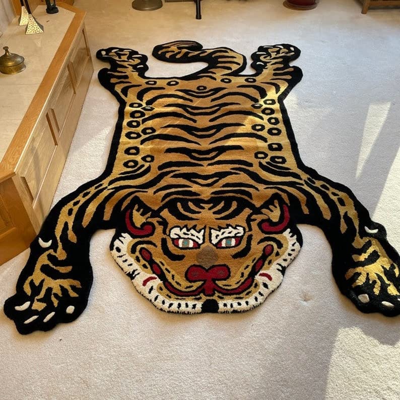 Tibetan Tiger Rugs 4X6 Skin Shape Area Rugs for Modern Home Decor, Living Room, Stain-Resistant Carpet Handmade Tufted 100% Woolen Rugs, Animal Printed Carpet for Kid Room Bedroom by Modern Carpet