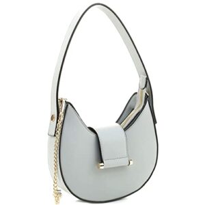 vegan pu leather classy round clutch purse shoulder bag with crossbody strap (light-blue)