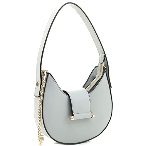 Vegan PU Leather Classy Round Clutch Purse Shoulder Bag with Crossbody Strap (Light-Blue)