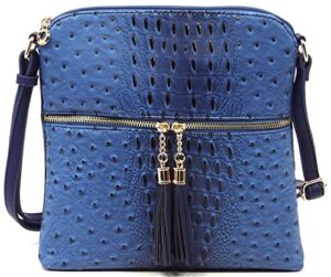 ostrich croc tassel zipper pocket crossbody bag animal pattern printed shoulder bag womens purse satchel (royal blue)