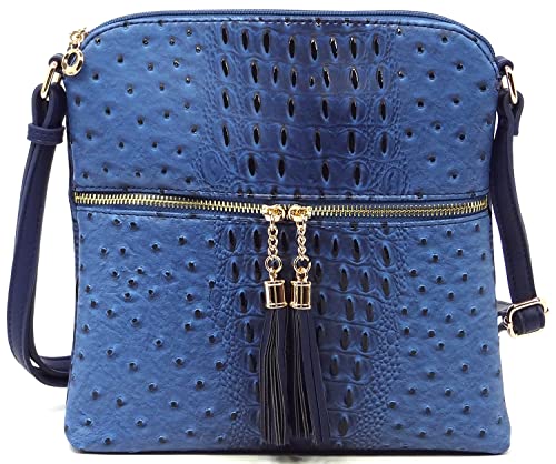 Ostrich Croc Tassel Zipper Pocket Crossbody Bag Animal Pattern Printed Shoulder Bag Womens Purse Satchel (Royal Blue)