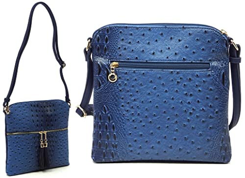 Ostrich Croc Tassel Zipper Pocket Crossbody Bag Animal Pattern Printed Shoulder Bag Womens Purse Satchel (Royal Blue)