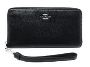 coach women’s long zip around wallet in pebbled leather (silver – black)