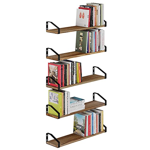 Wallniture Braga 24" Floating Shelves, Bookshelf Wall Decor Living Room Bathroom Shelves Over Toilet, Bedroom Kitchen Organization, Burnt Finish Set of 5