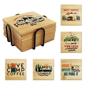 haigoo camping coasters set of 6, happy camper bamboo coaster with holder, rv lover gifts square drink coasters suitable for various cups,friends home bar rv decor camp coasters