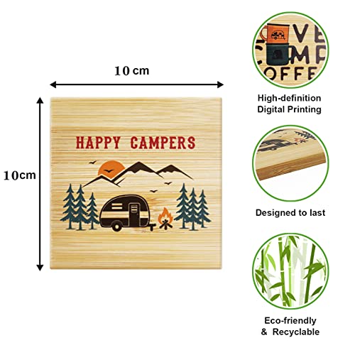 Haigoo Camping Coasters Set of 6, Happy Camper Bamboo Coaster with Holder, RV Lover Gifts Square Drink Coasters Suitable for Various Cups,Friends Home Bar RV Decor Camp Coasters