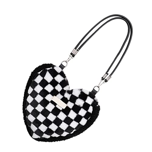 LUOZZY Lattice Pattern Plush Tote Bag Fashion Shoulder Bag Women Cross Body Bag for - Black and White Checkered