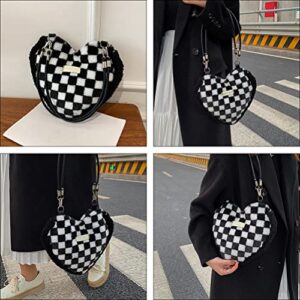 LUOZZY Lattice Pattern Plush Tote Bag Fashion Shoulder Bag Women Cross Body Bag for - Black and White Checkered