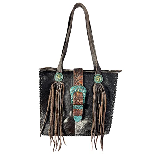 Urbalabs Western Cowhair Concealed Carry Shoulder Bag Buckle Fringe Purse Genuine Leather Handmade Stitched Handbag (Dark Brown)