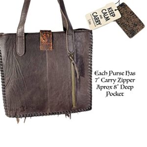 Urbalabs Western Cowhair Concealed Carry Shoulder Bag Buckle Fringe Purse Genuine Leather Handmade Stitched Handbag (Dark Brown)