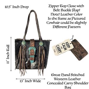 Urbalabs Western Cowhair Concealed Carry Shoulder Bag Buckle Fringe Purse Genuine Leather Handmade Stitched Handbag (Dark Brown)