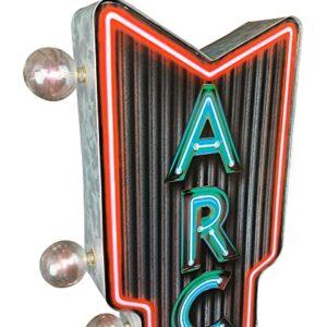 Arcade Double-Sided Marquee Sign With Neon Print And LED Bulbs Vintage Inspired Retro Decor For The Home (26” x 8” x 3”)