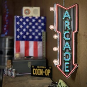 Arcade Double-Sided Marquee Sign With Neon Print And LED Bulbs Vintage Inspired Retro Decor For The Home (26” x 8” x 3”)