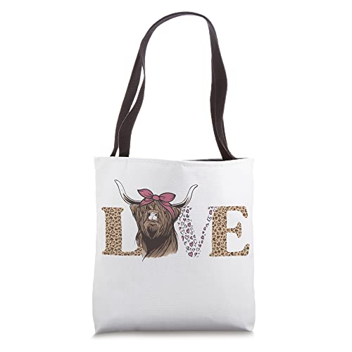 Love Highland Cow Funny Scottish Cattle Leopard Heart Heifer Tote Bag