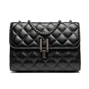 bella luna quilted faux leather crossbody purse or shoulder bag for women with flap handbag and chain strap | black | gray chain | small