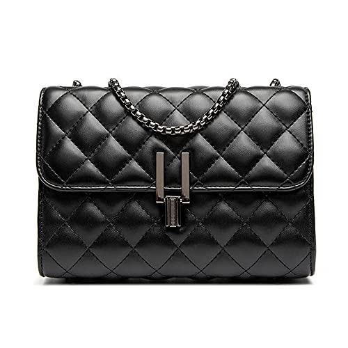 Bella Luna Quilted Faux Leather Crossbody Purse or Shoulder Bag for Women with Flap Handbag and Chain Strap | Black | Gray Chain | Small