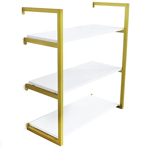 LOYALHEARTDY Wall Mounted Floating Shelves Gold Wooden Shelves Display Ledge Storage Rack for Bedroom, Living Room, Bathroom, Kitchen, Office and More (3Tier/24Inch)