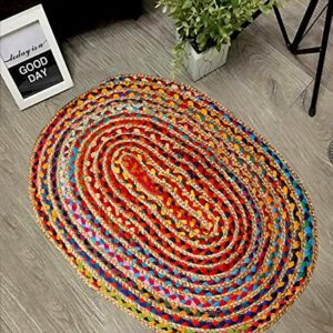 KEMA Jute Cotton Multi Chindi Braid Rug 2X3' Feet, Multi Color, Hand Woven & Reversible for Living Room Kitchen Entryway Rug,Jute Burlap Cotton Rag Rug 24x36 inch, Farmhouse Rag Rug, Rustic Rug