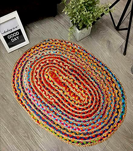 KEMA Jute Cotton Multi Chindi Braid Rug 2X3' Feet, Multi Color, Hand Woven & Reversible for Living Room Kitchen Entryway Rug,Jute Burlap Cotton Rag Rug 24x36 inch, Farmhouse Rag Rug, Rustic Rug