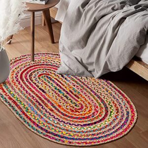 KEMA Jute Cotton Multi Chindi Braid Rug 2X3' Feet, Multi Color, Hand Woven & Reversible for Living Room Kitchen Entryway Rug,Jute Burlap Cotton Rag Rug 24x36 inch, Farmhouse Rag Rug, Rustic Rug