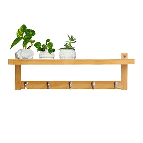 YourWoodStore Wall Mounted Coat Rack with Shelf, Floating Shelf, Natural, Wooden, 5 Alloy Hooks, 27 Inch, Supports Advanced Stud Spacing(24Inch), Entryway Organizer, Key Holder