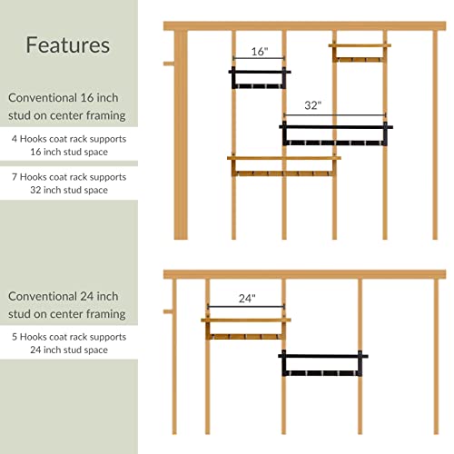 YourWoodStore Wall Mounted Coat Rack with Shelf, Floating Shelf, Natural, Wooden, 5 Alloy Hooks, 27 Inch, Supports Advanced Stud Spacing(24Inch), Entryway Organizer, Key Holder