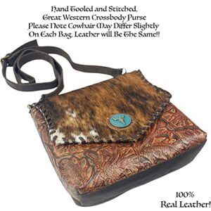 Urbalabs Western Crossbody Purse Cowhair Handbag Leather Longhorn Cow Skull Tooled Tote Bag Hand Stitched Purses (Dark Brown)