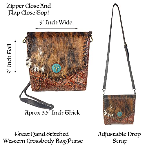 Urbalabs Western Crossbody Purse Cowhair Handbag Leather Longhorn Cow Skull Tooled Tote Bag Hand Stitched Purses (Dark Brown)