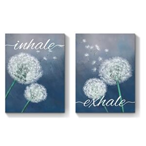 atgowac blue and white flower canvas wall art bathroom decor pictures inhale exhale quote prints spa room yoga decor dandelion flower painting framed canvas print ready to hang (12″x16″x2 panels)