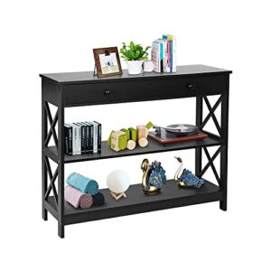 super deal 3 tier console table with 1 storage drawer narrow entryway accent end table sofa side table for living room bedroom couch hallway, x frame design, 39.3 inch 2 storage shelves black