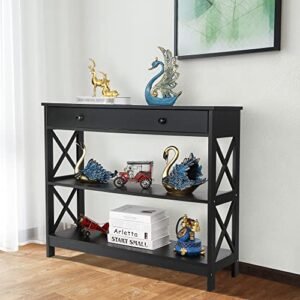 SUPER DEAL 3 Tier Console Table with 1 Storage Drawer Narrow Entryway Accent End Table Sofa Side Table for Living Room Bedroom Couch Hallway, X Frame Design, 39.3 Inch 2 Storage Shelves Black