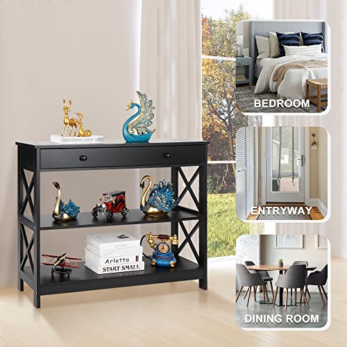 SUPER DEAL 3 Tier Console Table with 1 Storage Drawer Narrow Entryway Accent End Table Sofa Side Table for Living Room Bedroom Couch Hallway, X Frame Design, 39.3 Inch 2 Storage Shelves Black