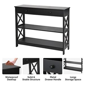 SUPER DEAL 3 Tier Console Table with 1 Storage Drawer Narrow Entryway Accent End Table Sofa Side Table for Living Room Bedroom Couch Hallway, X Frame Design, 39.3 Inch 2 Storage Shelves Black