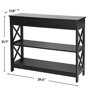 SUPER DEAL 3 Tier Console Table with 1 Storage Drawer Narrow Entryway Accent End Table Sofa Side Table for Living Room Bedroom Couch Hallway, X Frame Design, 39.3 Inch 2 Storage Shelves Black