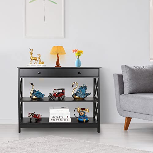 SUPER DEAL 3 Tier Console Table with 1 Storage Drawer Narrow Entryway Accent End Table Sofa Side Table for Living Room Bedroom Couch Hallway, X Frame Design, 39.3 Inch 2 Storage Shelves Black