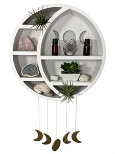qp wooden crescent moon shelf for wall decorations with 5 hanging pendants – use for rustic, boho or mediation décor – moon phase wall hanging for displaying crystal décor, essential oils and stones