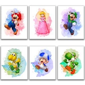 gwency design super mario game watercolor posters – set of 6 ( 8 inch x 10 inch ) – super mario wall art game room decor for kids – nursery, bathroom, playroom decor ( unframed )