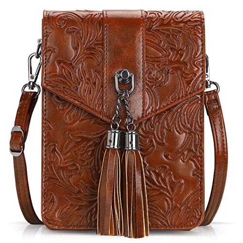 MEITRUE Women Phone Purse Bag Small Crossbody Bags Ladies Mini Cell phone Purse Wallet Tassels Embossed Bag for Girls (0-Coffee)