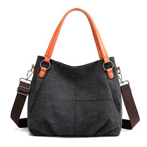 Large Pocket Casual Handbags Canvas Crossbody Bag for Women, Multi Compartment Tote Purse Leather Bags (Black)