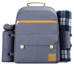 savvy comfort | picnic backpack set for 4 with large cooler backpack, waterproof picnic blanket, insulated bottle holder & cutlery set. picnic basket in a backpack- for the beach, park, date night