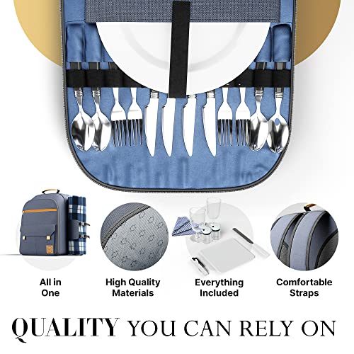 Savvy Comfort | Picnic Backpack Set for 4 with Large Cooler Backpack, Waterproof Picnic Blanket, Insulated Bottle Holder & Cutlery Set. Picnic Basket in a Backpack- for The Beach, Park, Date Night