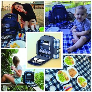 Savvy Comfort | Picnic Backpack Set for 4 with Large Cooler Backpack, Waterproof Picnic Blanket, Insulated Bottle Holder & Cutlery Set. Picnic Basket in a Backpack- for The Beach, Park, Date Night