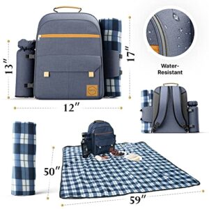 Savvy Comfort | Picnic Backpack Set for 4 with Large Cooler Backpack, Waterproof Picnic Blanket, Insulated Bottle Holder & Cutlery Set. Picnic Basket in a Backpack- for The Beach, Park, Date Night