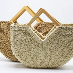 Womens Top Handle Straw Beach Tote Bags Shoulder Bag Beach Bag Large Size Purses Big Woven Rhombus Handle Bag